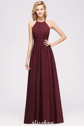 Appliques Halter Sleeveless Floor-Length Bridesmaid Dresses with Ruffles A-line Chiffon Evening Maxi Dress
