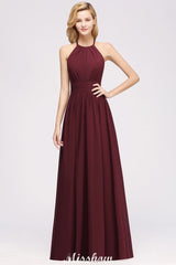 Appliques Halter Sleeveless Floor-Length Bridesmaid Dresses with Ruffles A-line Chiffon Evening Maxi Dress
