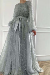 Long Sleeves Long Jewel Neck Formal Dress With Pleated Beading