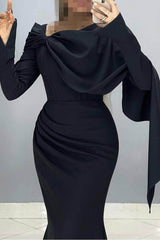 Long Sleeves High Waist Long Mermaid Formal Dress With Ruffles Pleated