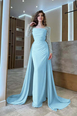 Long Sleeves Square Neck Long Mermaid Formal Dress With Pleated