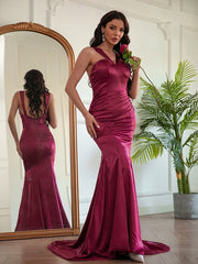 Elegant Deep Red Sleeveless V Neck Mermaid Pleated Long Formal Dress