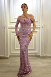 Gorgeous Long Sleeves One Shoulder Lavender Formal Dress Mermaid With Sequins