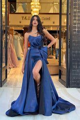 Chic Navy Blue Strapless Sleeveless Long Split Formal Dress With Bowknot