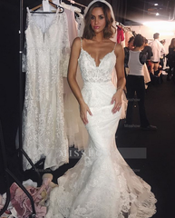 Backless Wedding Dress Lace Mermaid Beautiful Spaghetti-Straps Bride Dress