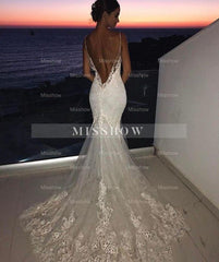 Backless Wedding Dress Lace Mermaid Beautiful Spaghetti-Straps Bride Dress