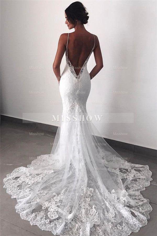 Backless Wedding Dress Lace Mermaid Beautiful Spaghetti-Straps Bride Dress