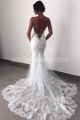 Backless Wedding Dress Lace Mermaid Beautiful Spaghetti-Straps Bride Dress
