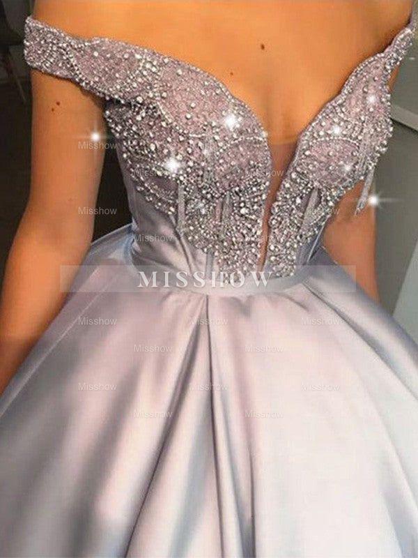 Ball Gown Beading Satin Off-the-Shoulder Sleeveless Floor-Length Prom Dresses