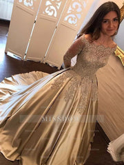 Ball Gown Long Sleeves Off-the-Shoulder Applique Satin Prom Dresses