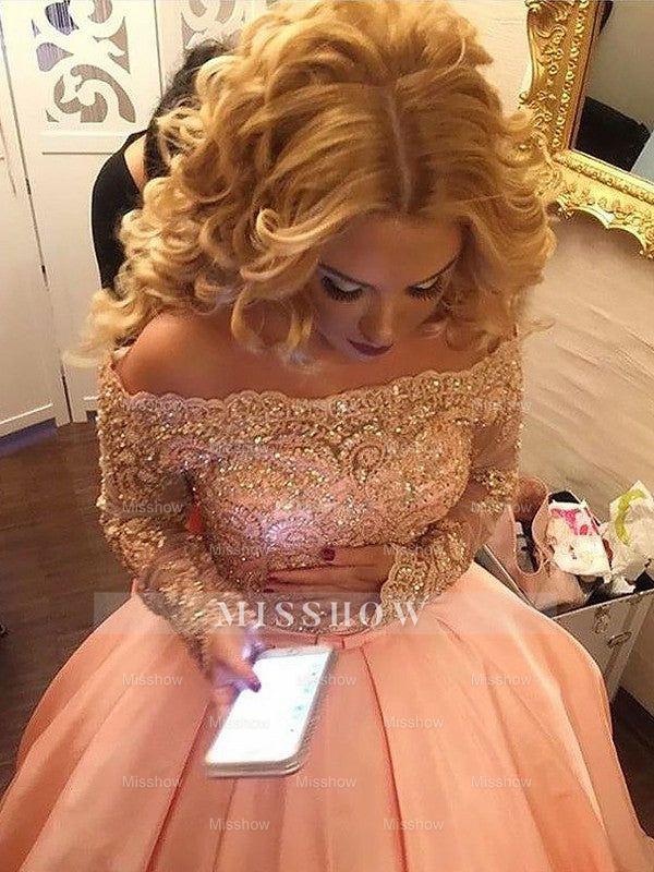 Ball Gown Long Sleeves Off-the-Shoulder Beading Satin Court Train Prom Dresses