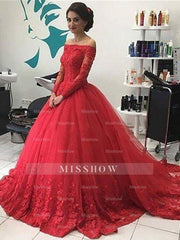 Ball Gown Off-the-Shoulder Long Sleeves Lace Tulle Court Train Prom Dresses