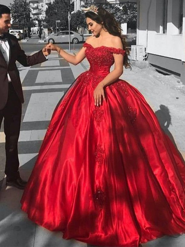 Ball Gown Sleeveless Off the Shoulder Satin Lace Prom Dresses misshow