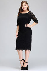 Bateau Tea Length Mermaid Plus size Lace Black Evening Dresses with sleeves