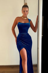 One Shoulder Sleeveless Pleated Mermaid Long Formal Dress With Split