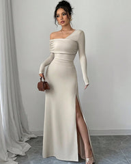 Chic Spandex One Shoulder Long Sleeves Formal Dress With Split