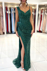 Green Formal Dress Spaghetti Strap With Split Pleated Sequins