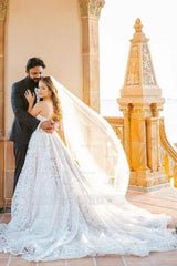 Beautiful A-Line Long White Sleeveless Wedding Dresses With Lace