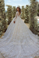 Beautiful A-line V-neck Lace Appliques Tulle Wedding Dress With Long Sleeves