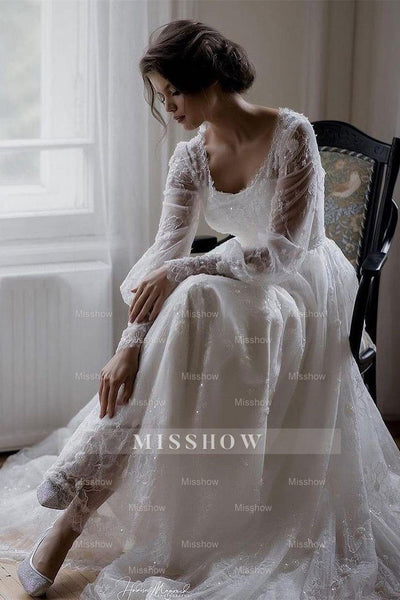 Sparkly White A Line Sweetheart Long Wedding Dress with Applique Lace