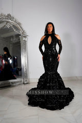 Beautiful Black Lace Long Sleeves Mermaid Prom Dress
