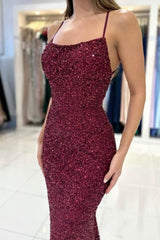 Beautiful Burgundy Long Sequined Mermaid Evening Dresses