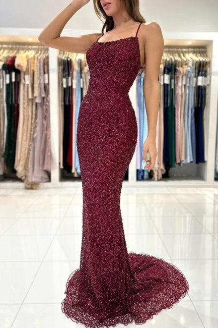 Beautiful Burgundy Long Sequined Mermaid Evening Dresses