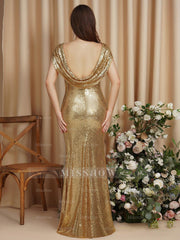 Beautiful Column Scoop Short Sleeve Sequined Prom Dresses