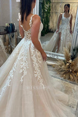 Beautiful Floor Length Sleeveless Straps A-Line Lace Wedding Dress with Split