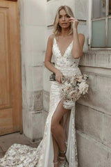 Beautiful Floral Lace Mermaid Sleeveless V-Neck Side Slit Wedding Dress