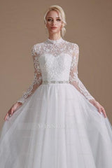 Beautiful Jewel Long-Sleeve A-Line Floor-Length Wedding Dresses with Pattern