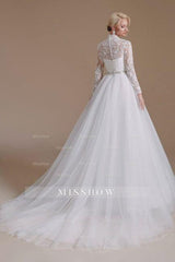 Beautiful Jewel Long-Sleeve A-Line Floor-Length Wedding Dresses with Pattern