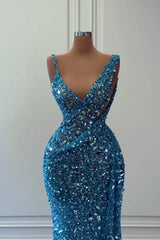 Beautiful Long A-line Blue V-neck Sequined Sleeveless Prom Dress