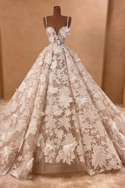 Beautiful Long A-line Spaghetti Straps Lace Appliques Sleeveless Wedding Dresses