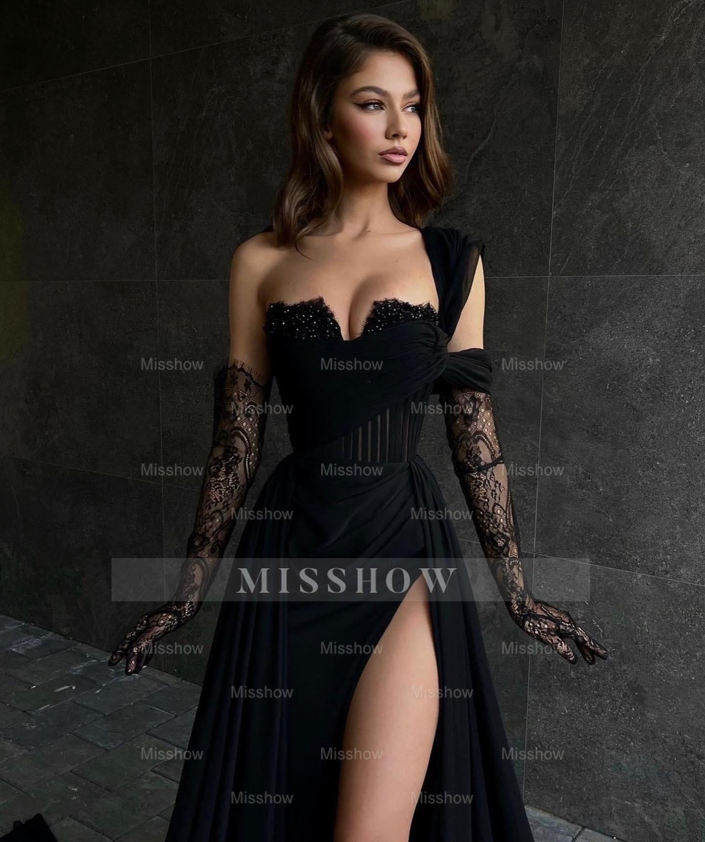Beautiful Long Black A-line One Shoulder Sleeveless Lace Prom Dress With Sit