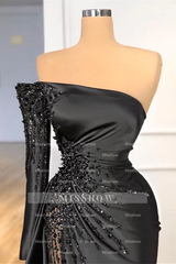 Beautiful Long Black Off-the-shoulder Beading Prom Dress With Long Sleeve