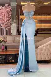 Beautiful Long Blue Mermaid Sleeveless Beading Prom Dress With Slit