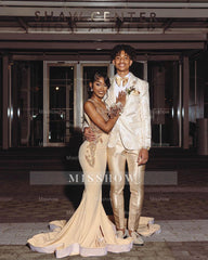 Beautiful Long Champagne Mermaid Sleeveless Beading Prom Dress With Lace