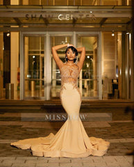 Beautiful Long Champagne Mermaid Sleeveless Beading Prom Dress With Lace