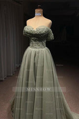 Beautiful Long Green A-line Off-the-shoulder Sequined Beading Prom Dress