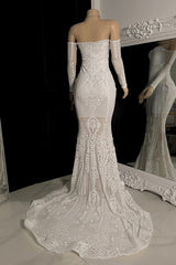 Beautiful Long Mermaid Off-the-shoulder Lace Long Sleeves Prom Dress With Train