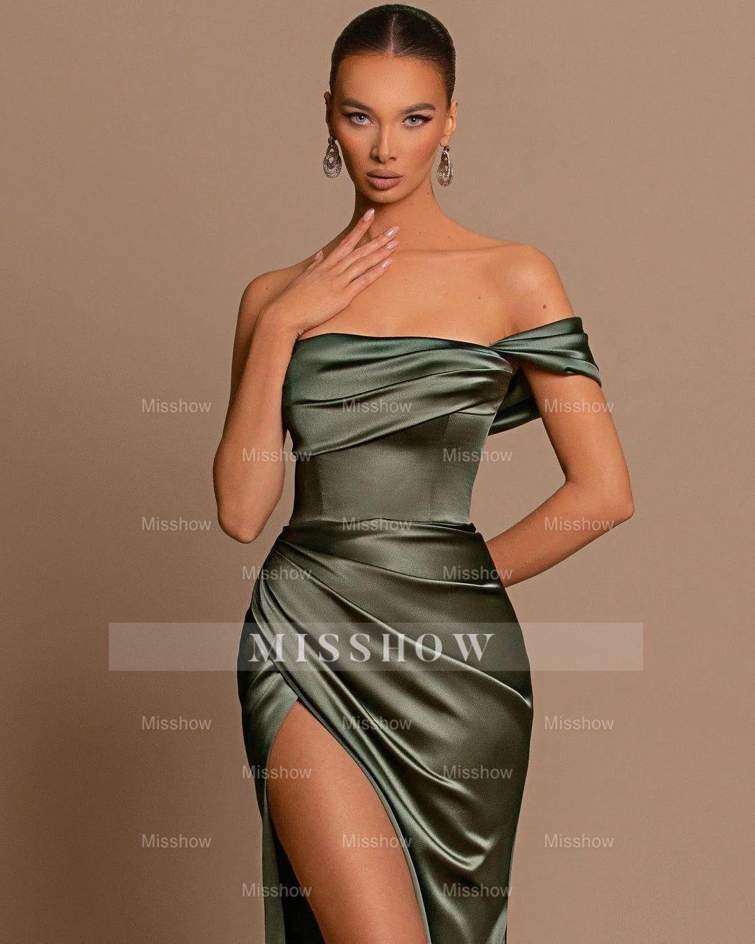 Beautiful Long Mermaid Off-the-shoulder Satin Prom Dress With Slit