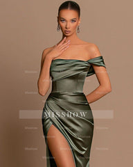 Beautiful Long Mermaid Off-the-shoulder Satin Prom Dress With Slit
