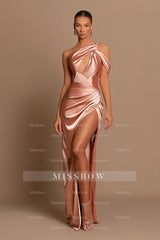Beautiful Long Mermaid One Shoulder Satin Prom Dress With Slit