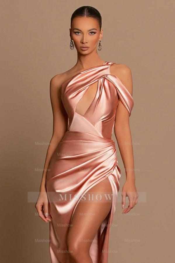 Beautiful Long Mermaid One Shoulder Satin Prom Dress With Slit