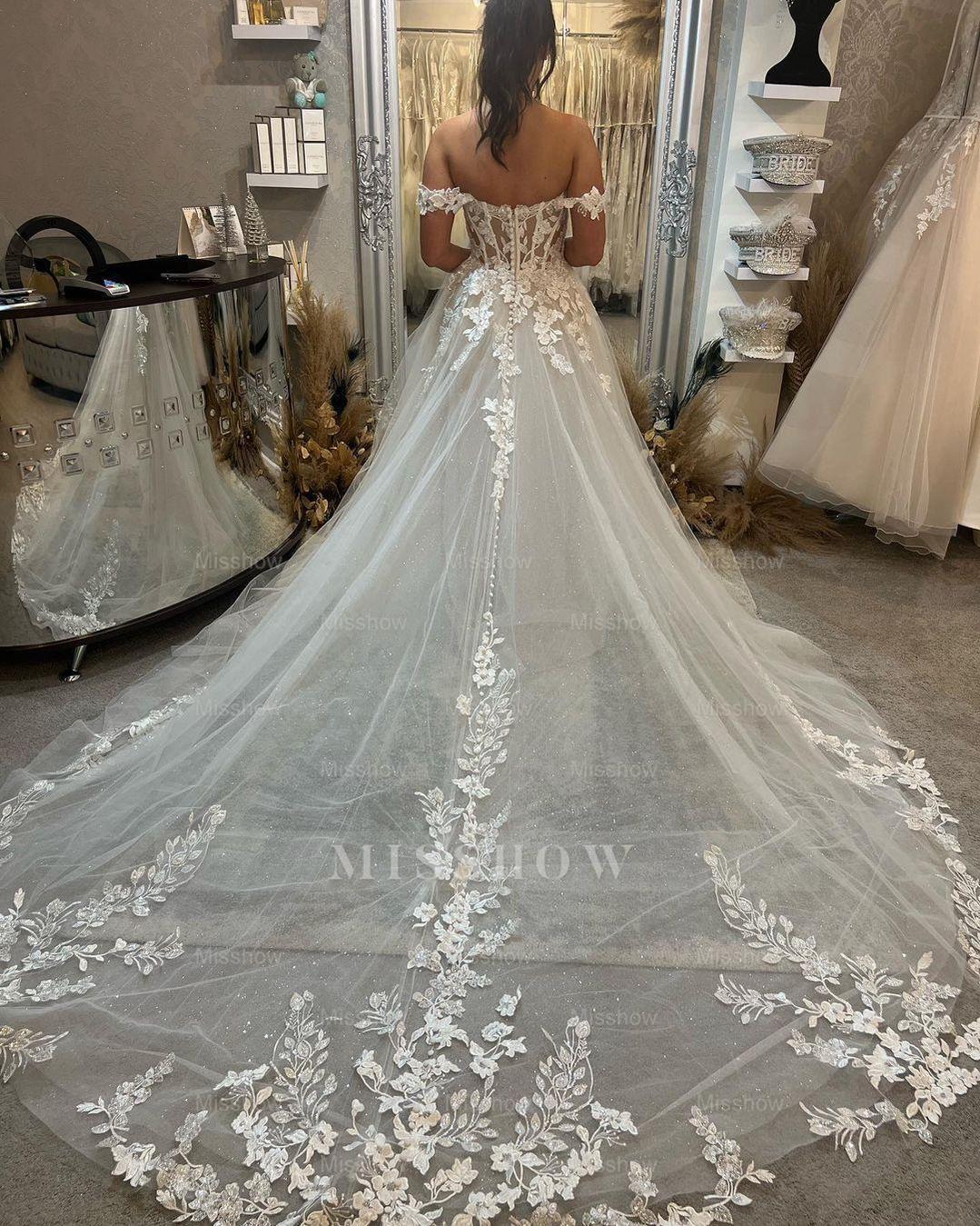 Beautiful Long Off-the-shoulder A-line Appliques Wedding Dress With Train