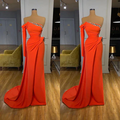 Beautiful Long Off-the-shoulder Satin Split Prom Dress With Long Sleeve