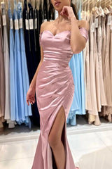 Beautiful Long Pink Off-the-shoulder Mermaid Sleeveless Evening Dresses With Slit