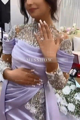 Beautiful Long Purple High Neck Lace Beading Satin Evening Dress With Slit