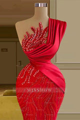 Beautiful Long Red Mermaid One Shoulder Lace Sequined Sleeveless Prom Dress